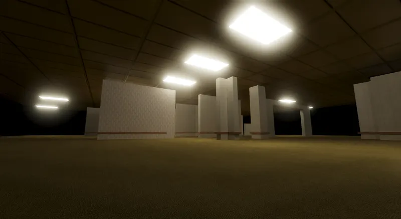 Level 0 rendered in Green Engine: a low ceiling of fluorescent panels over damp yellow carpet and wallpapered partitions receding into darkness.