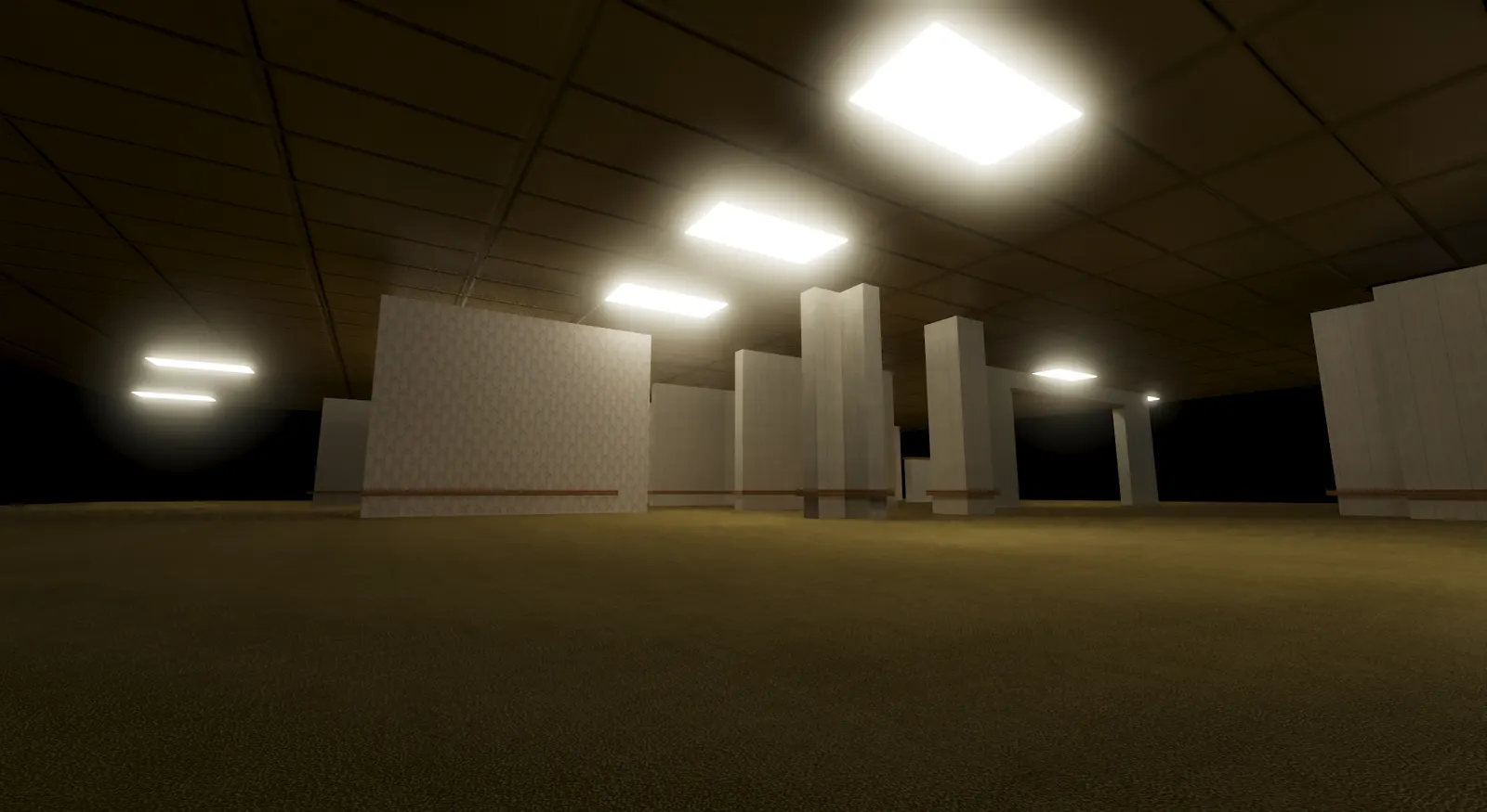 Level 0 rendered in Green Engine: a low ceiling of fluorescent panels over damp yellow carpet and wallpapered partitions.