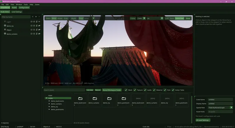 The editor window: a viewport showing hanging curtains lit by a low sun, with a scene tree on the left, an asset browser below and level settings on the right.