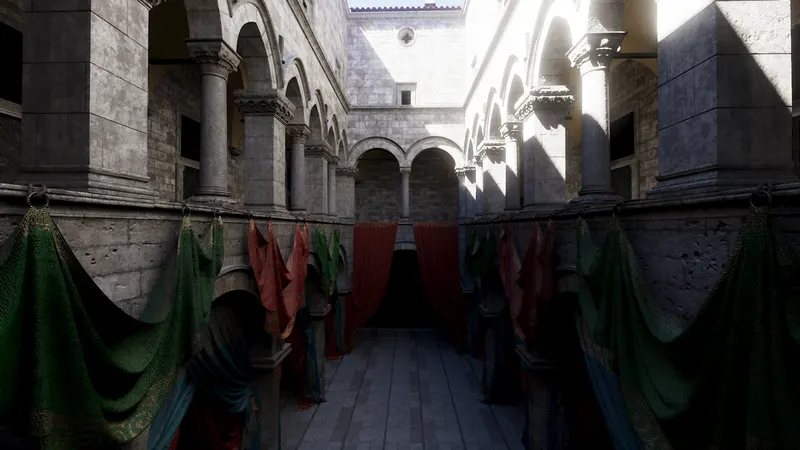 A stone arcade with hanging fabric, lit by direct sun through the arches while the shaded colonnade fills with bounced light.