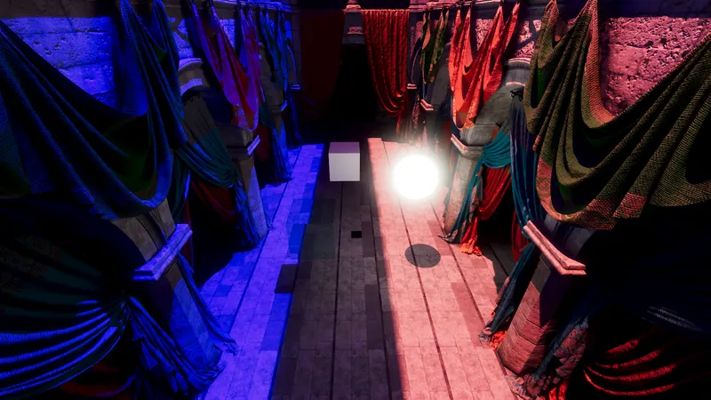The same scene at night under saturated blue and red lights with a glowing white sphere, the coloured light spilling across stone and fabric.